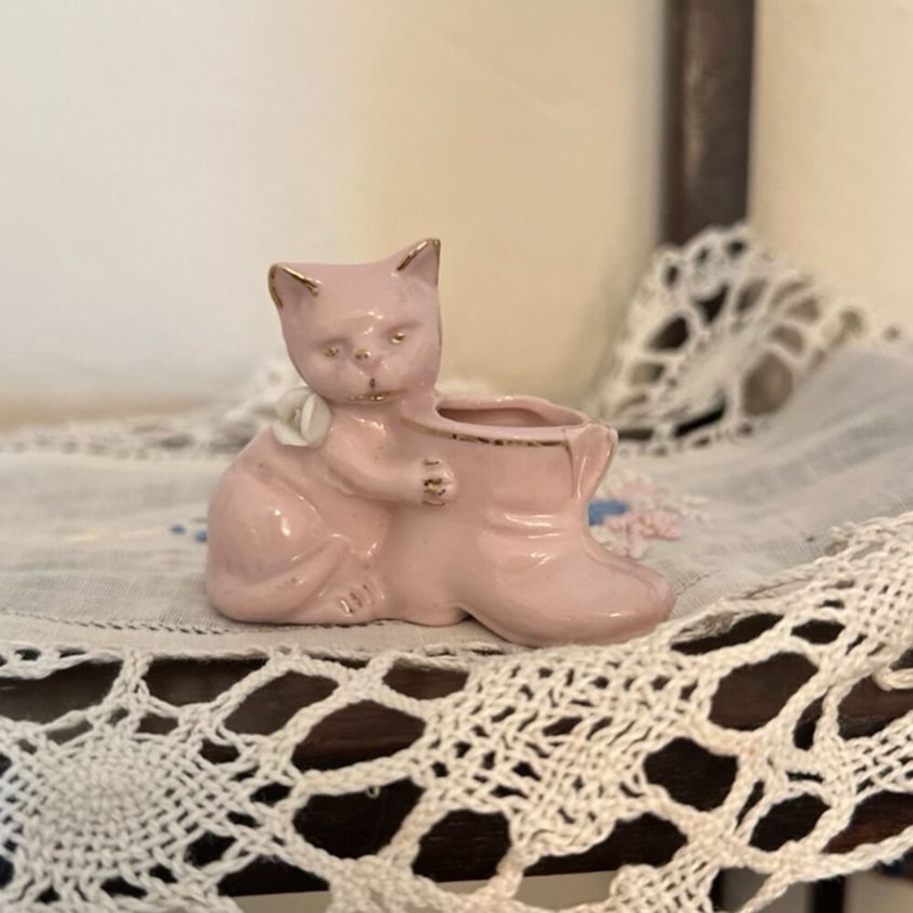 Vintage Pink Cat & Boot Figuring Flowerholder Trinket Japan